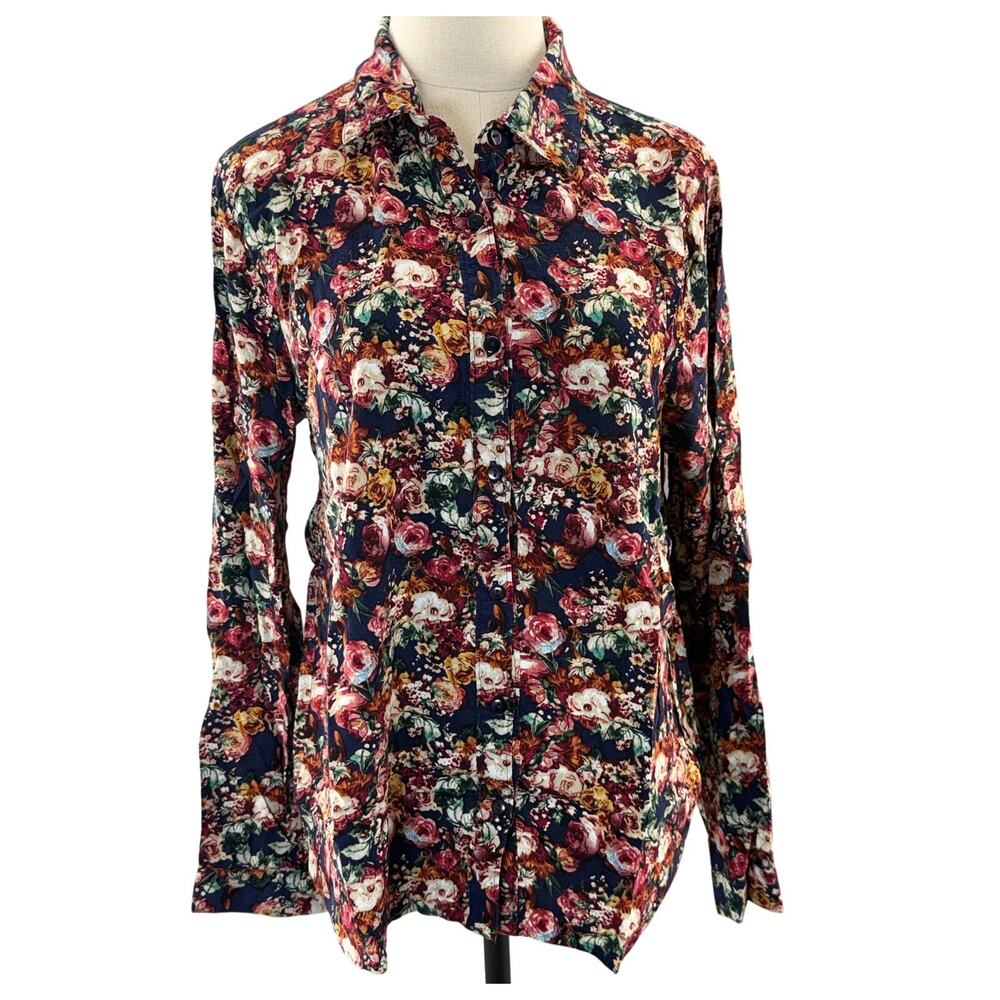 Country Chic Floral Button Down Blouse Women’s Large Rayon Garden Print